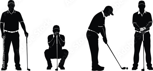 Silhouettes of golfer in multiple poses showing concentration, putting, stance, and rest representing sports training, golf practice, and athletic performance