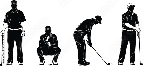 Silhouettes of golfer in multiple poses showing stance, concentration, putting, and resting representing sports training, golf practice, recreation, and competition