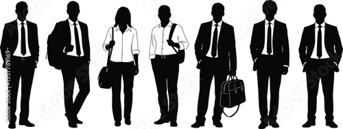 Silhouettes of professional men and women in formal business attire standing together representing teamwork, diversity, leadership, collaboration, and corporate unity