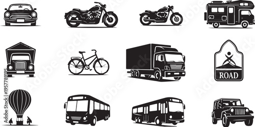 Various Transportation Vehicles and Road Travel Icons Set Collection