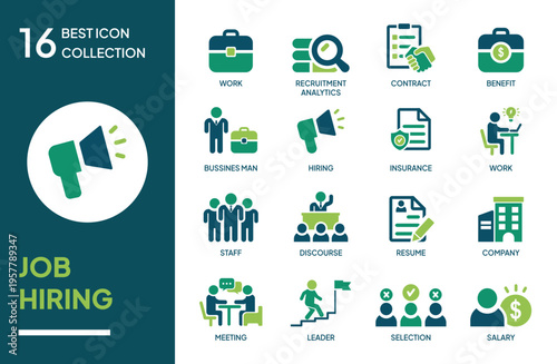 Set of Job Hiring Icon Concepts. Modern flat vector collection. Suitable for website, mobile app, user interface, presentation, infographic, dashboard, and digital design projects.