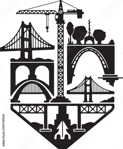 Cityscape Silhouette with Bridges and Crane Construction Icon Graphic