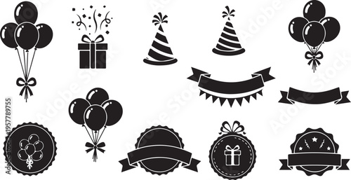 Black and white party icons and celebration symbols set