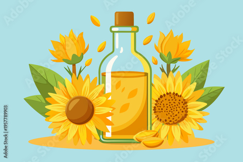 Elegant vector illustration of a transparent glass bottle filled with sunflower oil surrounded by vibrant sunflowers and green leaves on a light blue background