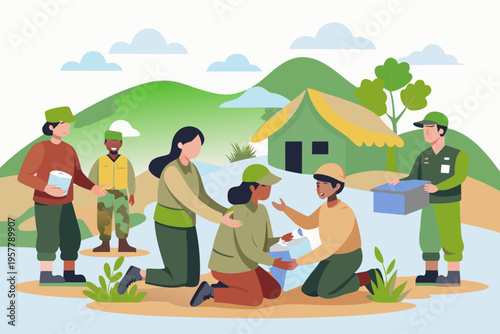 Military humanitarian support scene with soldiers assisting local community members in rural settingduring natural disaster relief, delivering supplies near tent and mountains in the background