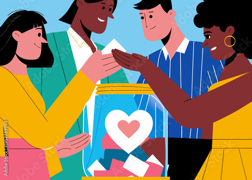 Four diverse individuals engaging in a charitable donation activity, placing notes into a transparent jar with a heart symbol, colorful background enhancing the scene