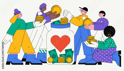 Diverse group of people donating coins and bills into a large jar with a heart symbol, representing charity and community support for International Day of Charity