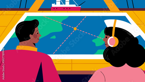 Two maritime professionals analyzing a navigation map with a ship in the background, showcasing maritime operations and teamwork for the hijacking of oil tankers during sanctions