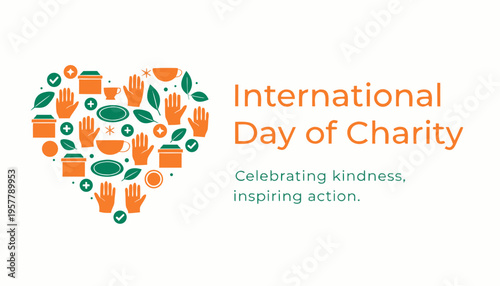 International Day of Charity graphic featuring a heart shape filled with hands, gifts, and symbols of kindness in orange and green colors on a white background