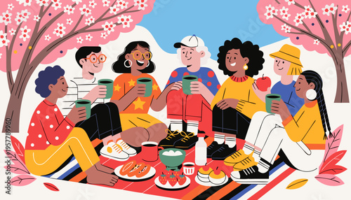 Group of diverse friends enjoying a spring picnic under cherry blossom trees, seated on a colorful blanket with food and drinks in a vibrant outdoor setting