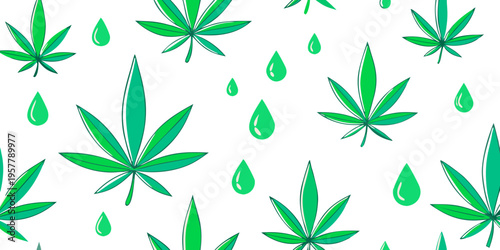 Seamless vector pattern featuring green hemp leaves and drops of CBD oil on a white background, ideal for textile design and packaging applications