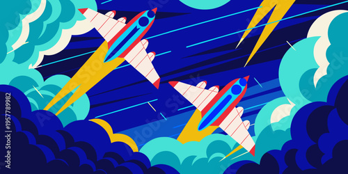 Futuristic military drones flying through stormy skies with dramatic clouds and lightning bolts, showcasing advanced technology and dynamic aerial maneuverability