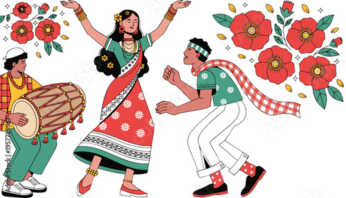 Indian woman in traditional attire dances joyfully while a man plays a drum, surrounded by floral decorations, celebrating Bohag Bihu festival in a vibrant illustration