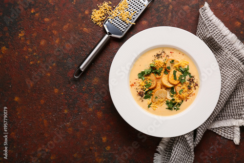 Bowl of tasty cheese soup w...