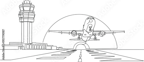 man running with airplane taking off in background