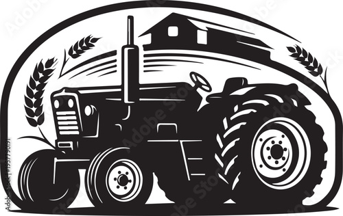 Vintage Tractor Silhouette with Farm Landscape and Wheat Ears