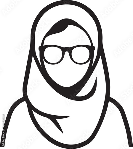 Hand Drawn Woman Wearing Hijab Black and White Avatar Illustration in Minimal Solid Art Style Design
