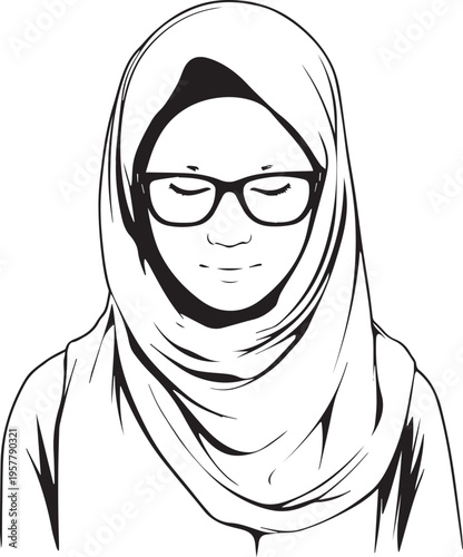 Hand Drawn Woman Wearing Hijab Black and White Avatar Illustration in Minimal Solid Art Style Design