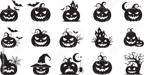 Halloween Pumpkins and Spooky Icons in Black and White