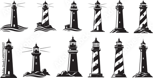Collection of various lighthouse silhouettes in black and white