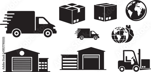Logistics and shipping icons in black and white style