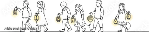 people walking in line, carrying lanterns