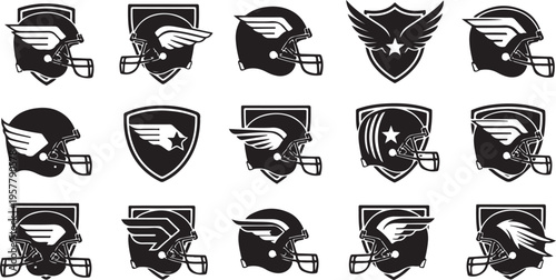 Collection of various American football helmets and logos illustration