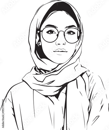 Hand Drawn Woman Wearing Hijab Black and White Avatar Illustration in Minimal Solid Art Style Design