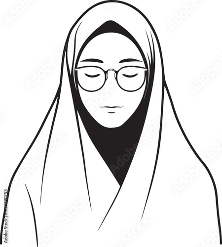 Hand Drawn Woman Wearing Hijab Black and White Avatar Illustration in Minimal Solid Art Style Design