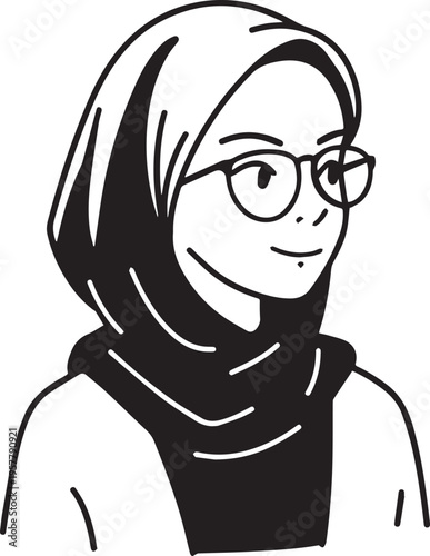 Hand Drawn Woman Wearing Hijab Black and White Avatar Illustration in Minimal Solid Art Style Design