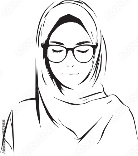 Hand Drawn Woman Wearing Hijab Black and White Avatar Illustration in Minimal Solid Art Style Design