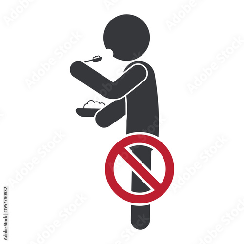 Isolated prohibition sign of person eating while standing representing unhealthy habit, poor eating behavior, and lack of proper dining etiquette