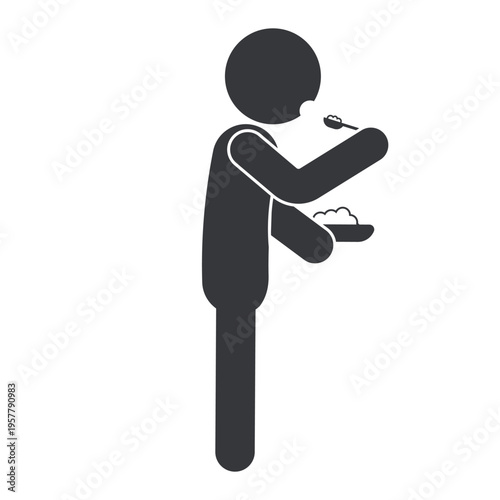 Isolated monochrome pictogram of person eating while standing representing unhealthy habit, poor eating behavior, and lack of proper dining etiquette