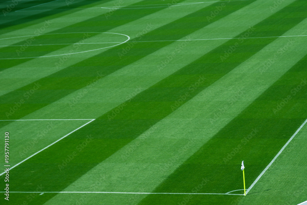 Obraz premium International-Standard Football Pitch with Perfectly Maintained Grass and Goal Line to corner flag Under Clear Conditions