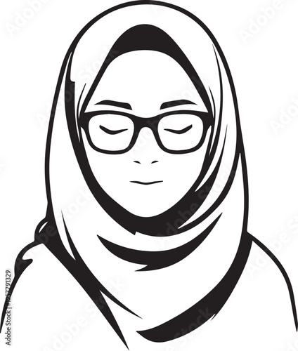 Hand Drawn Woman Wearing Hijab Black and White Avatar Illustration in Minimal Solid Art Style Design