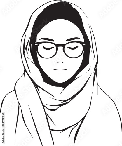 Hand Drawn Woman Wearing Hijab Black and White Avatar Illustration in Minimal Solid Art Style Design