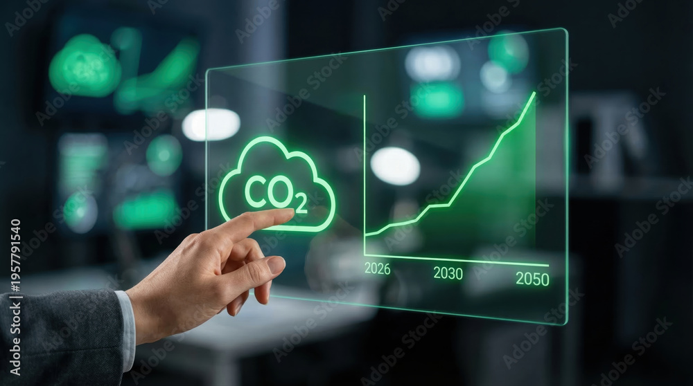 Fototapeta premium Energy saving corporate dashboard shows rising co2 emission forecast timeline and climate data visualization futuristic screen