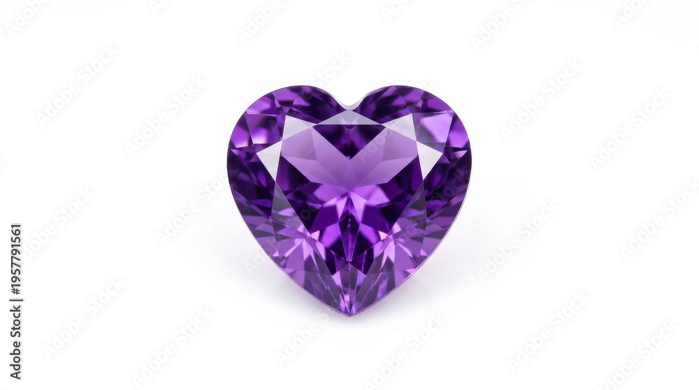 Fototapeta premium A vibrant, heart-shaped amethyst gemstone, expertly cut and polished, showcasing its deep purple hues and sparkling facets against a clean white background.
