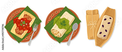 Top view delicious mexican tamale vector illustration set. Plated traditional meal with red salsa roja, green salsa verde, and sweet tamale dessert with raisins on banana leaf.