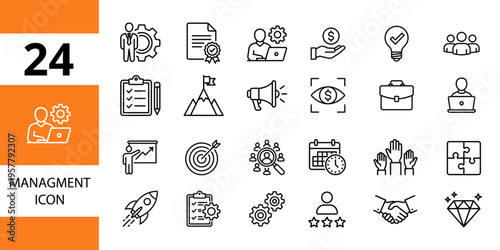 Management icons: business, strategy, teamwork, success, planning symbols set, light bulb