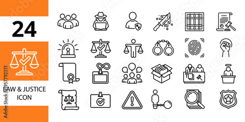 Law and justice icons: court, crime, legal, police, rights symbols graphic set, prison bar