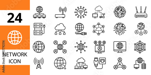 Network icons set: computer connections, servers, internet, cloud, global technology, data transfer, network icon