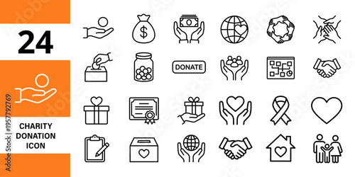Charity donation icons: giving, support, help, fundraising, kindness, family, community, love