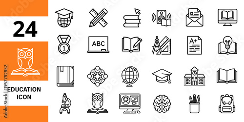 Education icons: learning, knowledge, school, books, graduation, science, study, teaching, e-learning, e learning