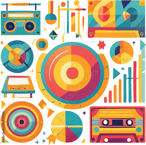 Retro Music and Audio Equipment Collection - Vintage Cassette Tapes, Record Players, and Charts