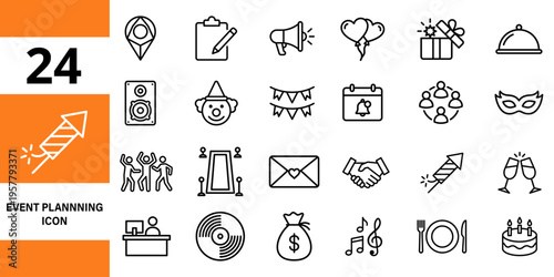 Event planning icons: celebration, party, business meeting, and holiday organization symbols