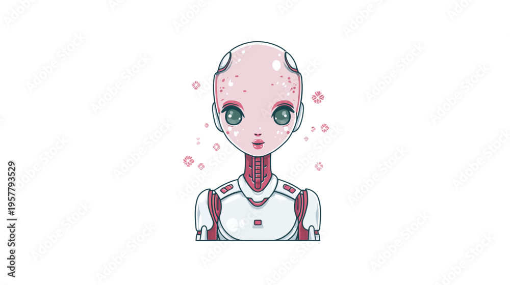 Fototapeta premium Vibrant green-eyed female android illustration, futuristic robot technology portrait, artificial intelligence concept art