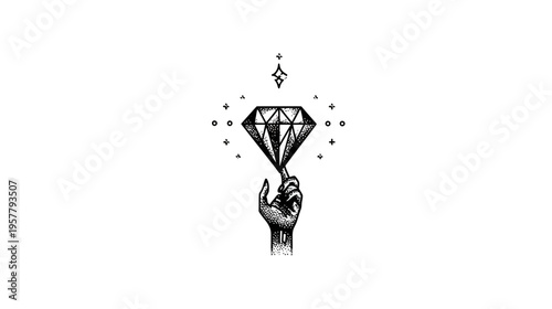 Hand balancing a sparkling diamond with decorative stars, a stylized black and white illustration symbolizing value, success, and potential.