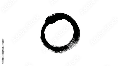 Abstract hand-drawn black ink brush circle, Enso symbol, minimalist Zen art calligraphy, spiritual design element on white