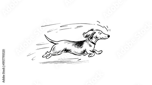 Playful Dachshund Dog Running Fast, Black and White Ink Sketch with Dynamic Motion Lines - Energetic Pet Animal Illustration
